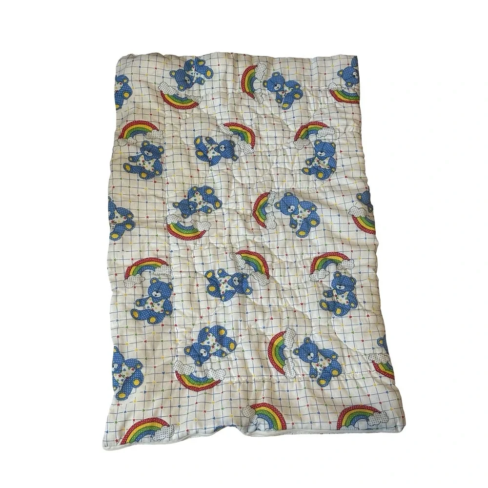 Vintage Quilted Baby Blanket Blue Polka Dot Bear Rainbow Cloud White 32x44‎